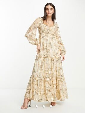 ASOS sweetheart neck pleated maxi dress in printed floral metallic jacquard